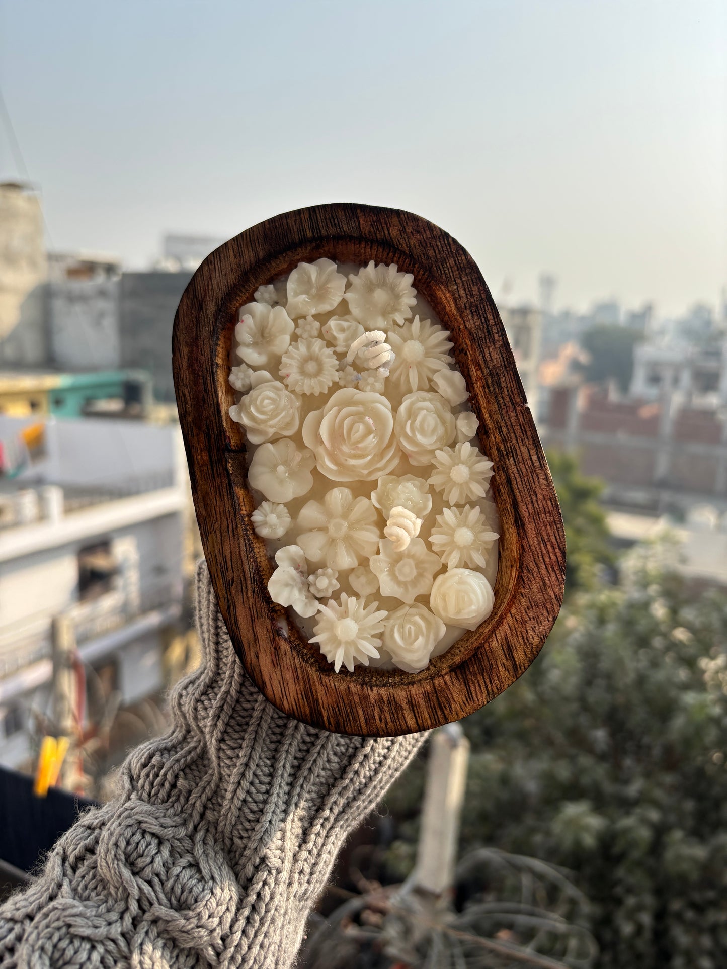 Wooden Heart with Flower Candle