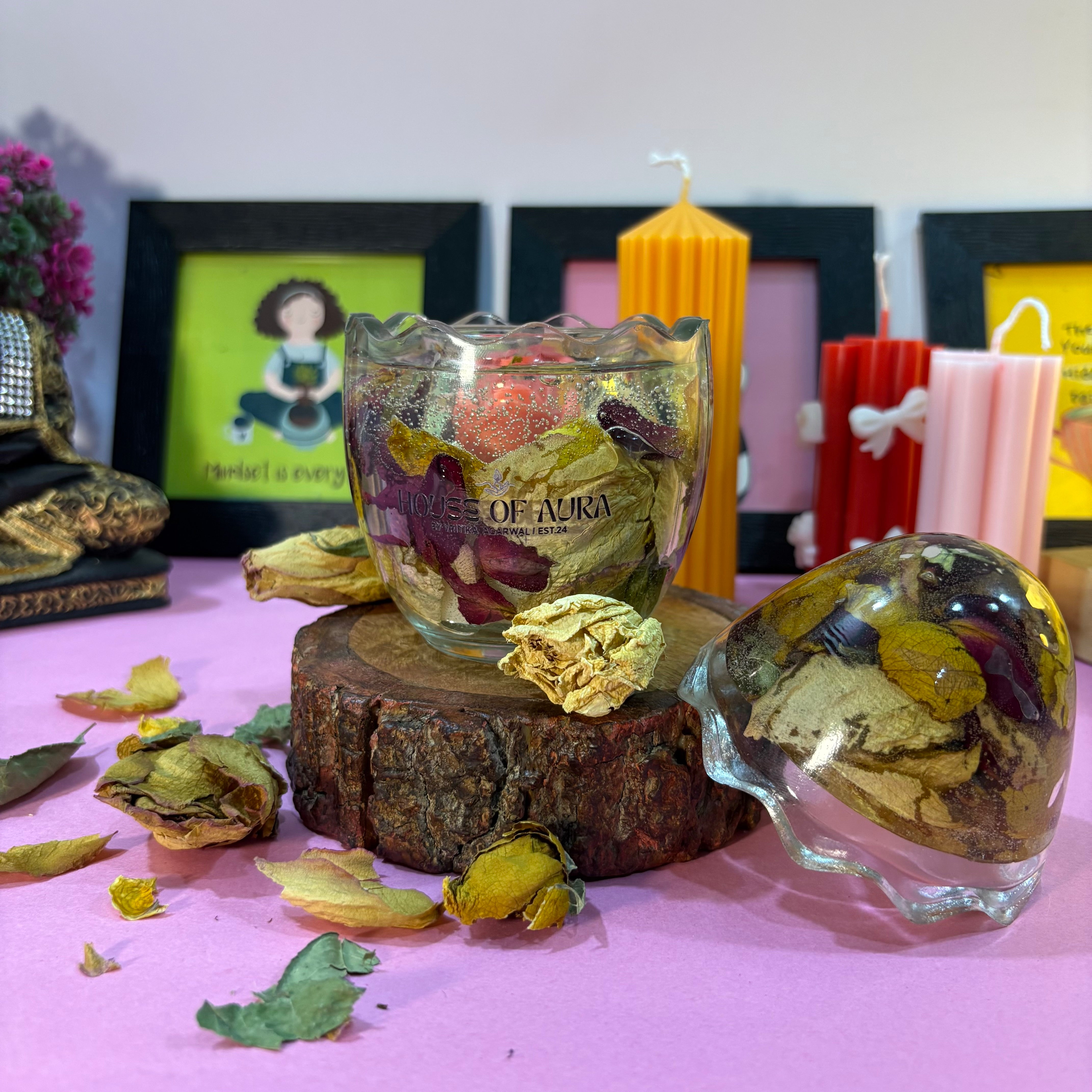 Flower preservation in a jar with candle